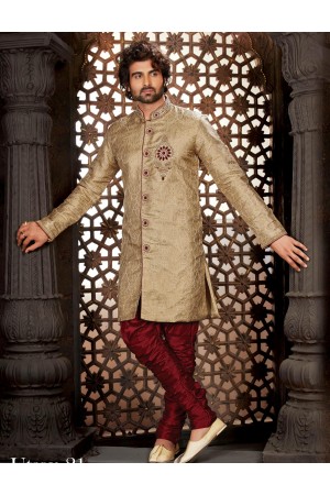 Designer Deep Cream Gold Indo Western Sherwani1